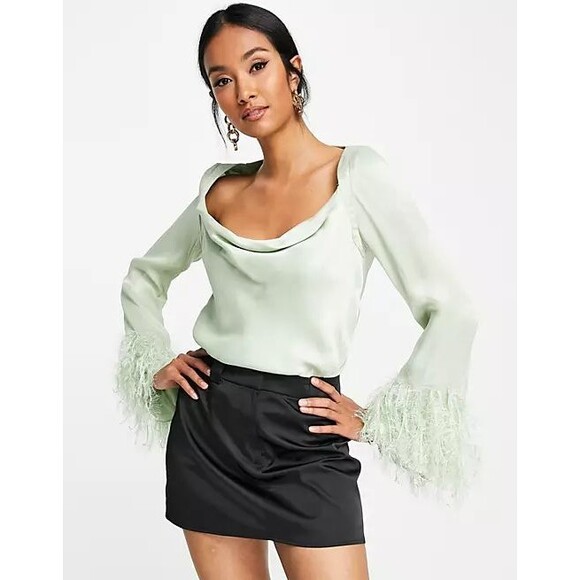 ASOS Design Long Sleeve Top With Feather Cuff Detail US 0 Sage Green Satin B21 - Picture 1 of 7